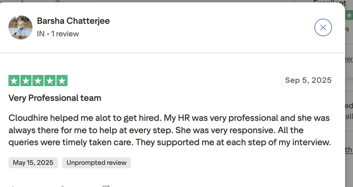 Trustpilot review from Barsha Chatterjee: "Very Professional team"