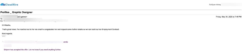 Email confirming a Graphic Designer candidate accepted the job offer and employment contract is being prepared