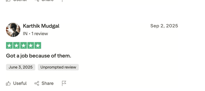 Trustpilot review from Karthik Mudgal: "Got a job because of them."