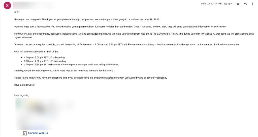 Onboarding email with start date and first-week schedule for a newly placed candidate