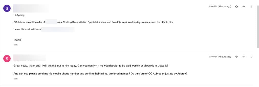 Email thread confirming a Stocking Reconciliation Specialist accepted the offer